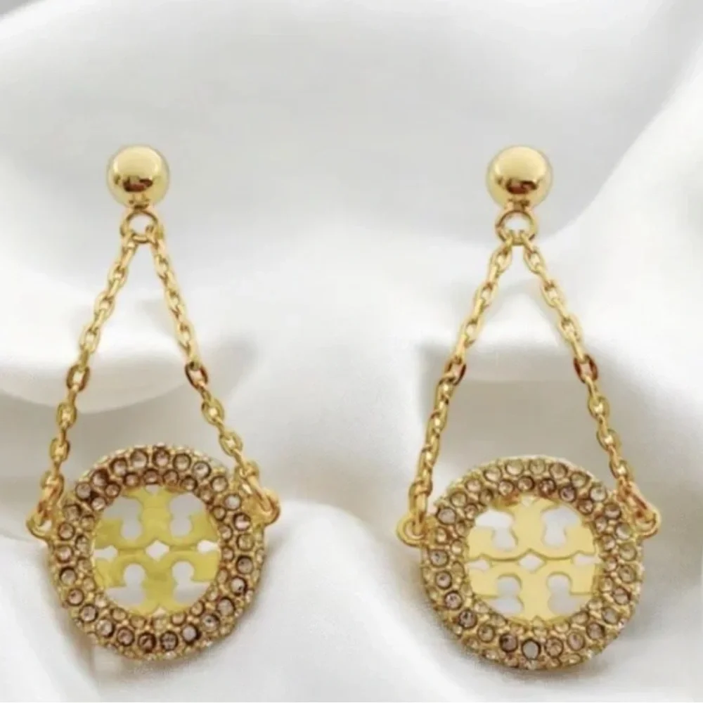 New Tory Burch Miller pavé Gold drop earrings on TB Earring Card